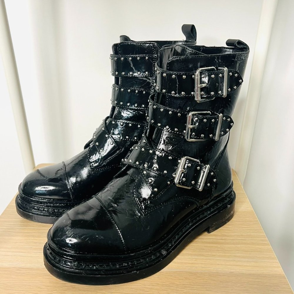 Women's Vince Camuto 3-Strap Black Patent Combat boots, size 6